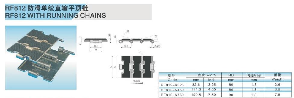 RF812 stainless steel flat top chains with rubber friction top strairght running single hinge