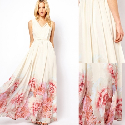 Elegant V Neck Sleeveless Floral Printed Maxi Bohemian Woman Dress
