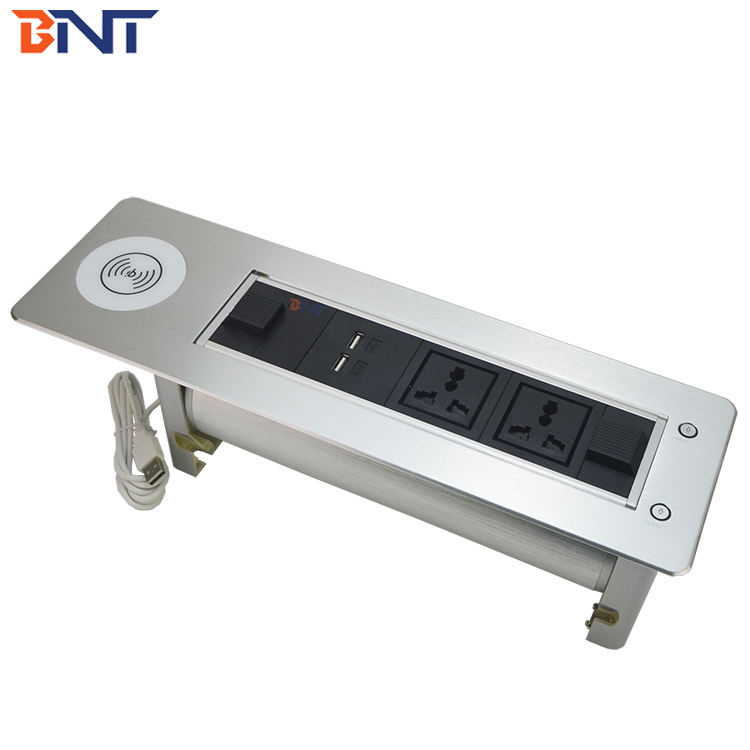 Aluminum alloy motorized flip up rotating desktop socket with wireless Phone charger