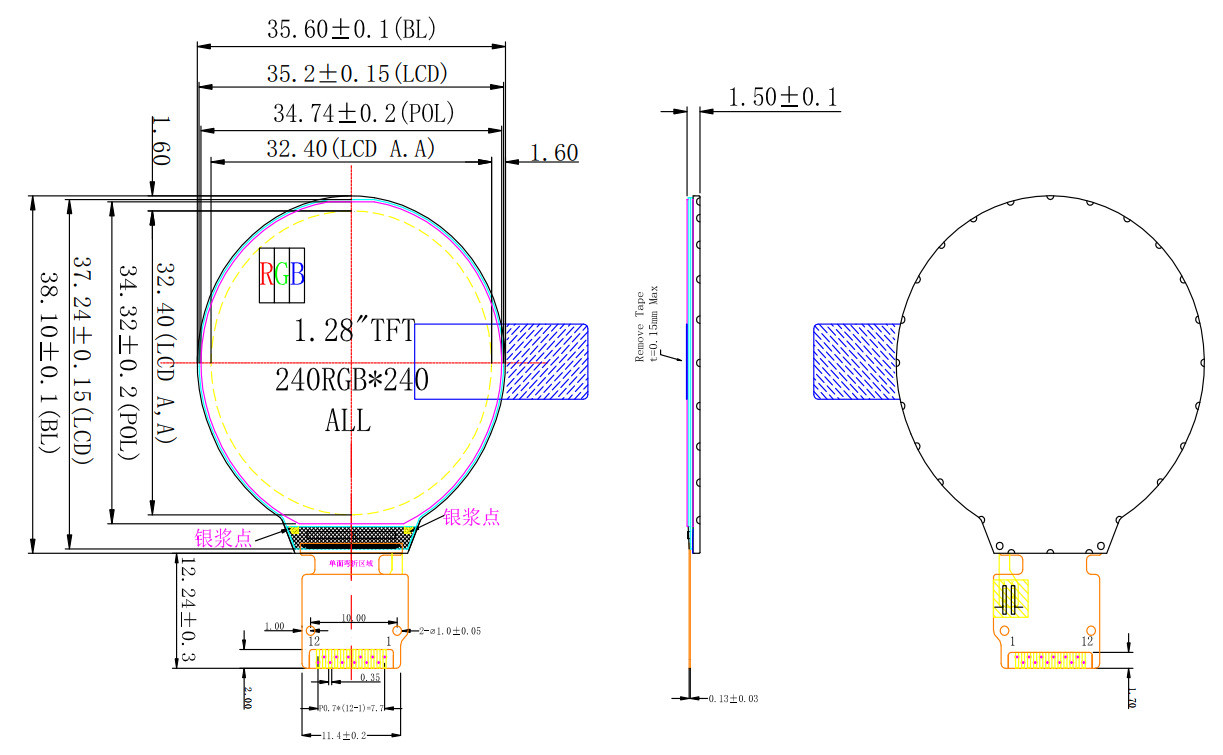 1.28 Inch Round Type LCD Display 12 Pin Display 240x240 Driver GC9A01 SPI Interface