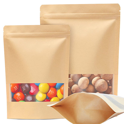 Kraft Paper Bag with Resealable Lock Seal Zipper and Stand Up Design Transparent Window