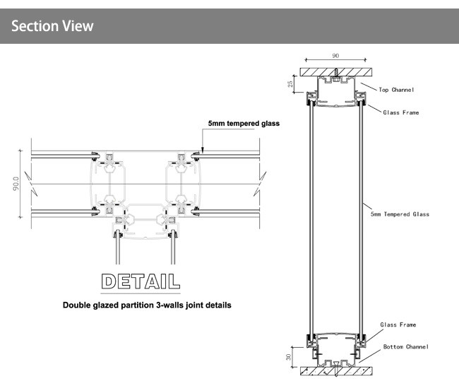 Modular Partitions Acoustic Reduce 45db Office Demountable Double Glass Partition Wall