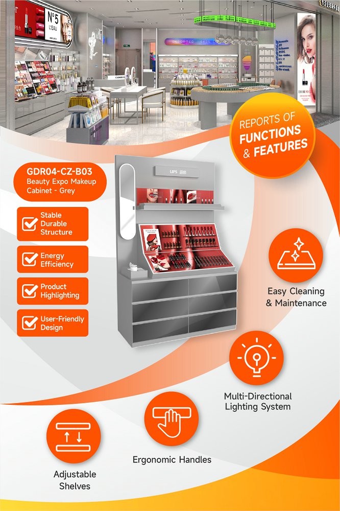 GDR04-CZ-B03 Beauty Display Rack with Soft LED Lighting and Mirrored Surfaces for Retail Counters