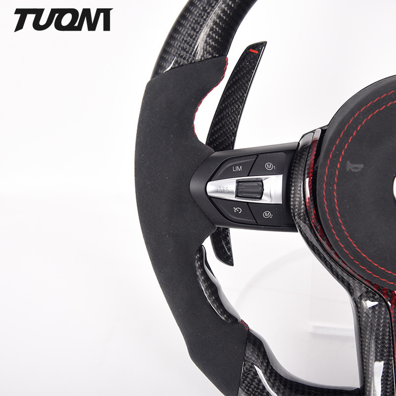Red Stripes Black Alcantara Bmw Carbon Fiber Steering Wheel Plain Weave With Paddles