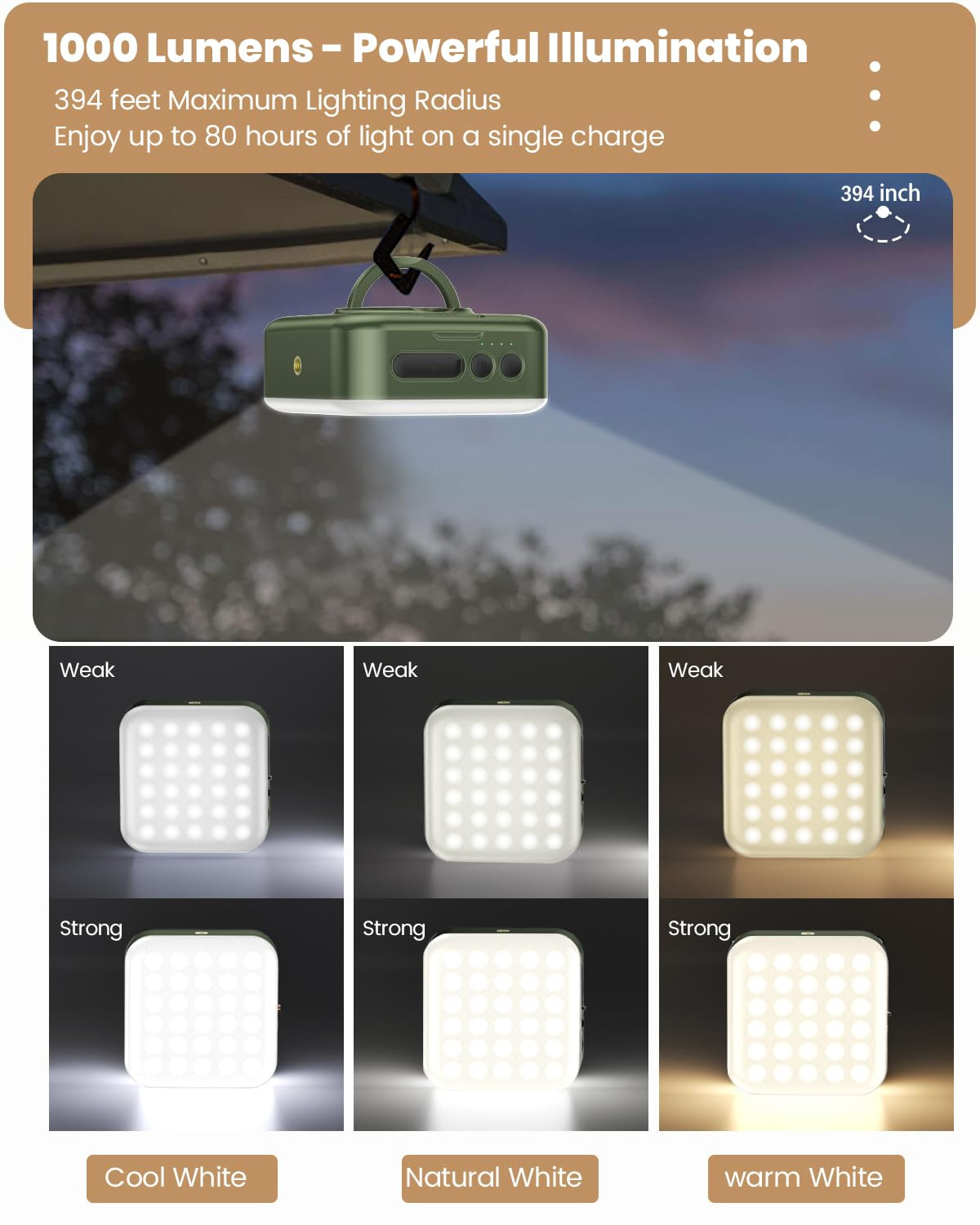 Assembled Height 1.77 inches 1000LM 5 Modes Solar/USB Rechargeable Camping Lantern