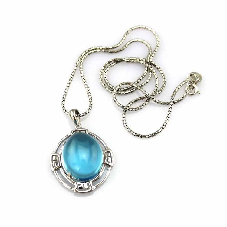 Sterling Silver Oval Dome Created Blue Topaz Cubic Zirconia Pendant Silver Chain (PSJ0359)