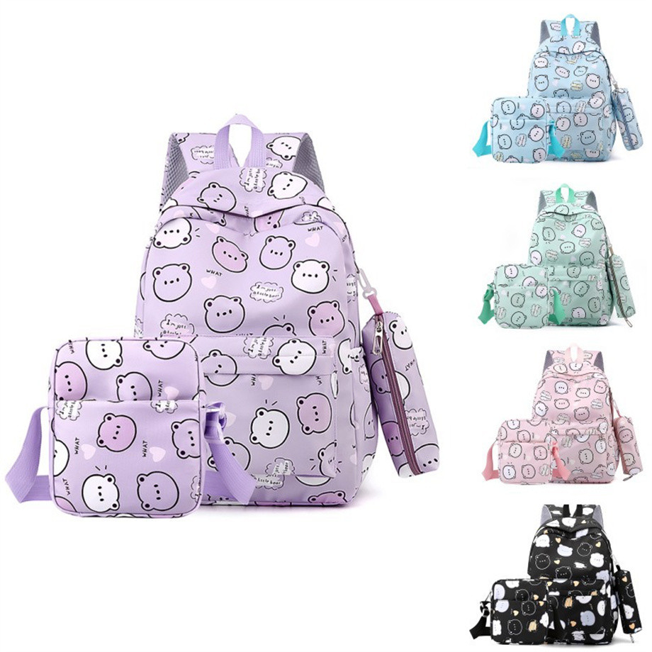 Fresh Backpack Versatile Backpack Junior High School Bear Cartoon Print Backpack Large Capacity Student School Bag