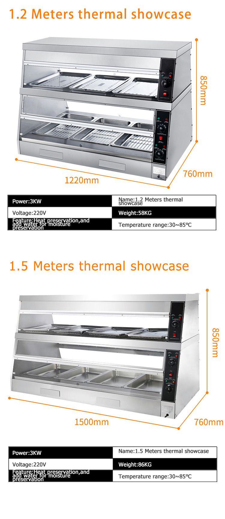 Commercial Kitchen Fried Chicken Food Display Warmer 1220*760*850mm Hot Food Showcase
