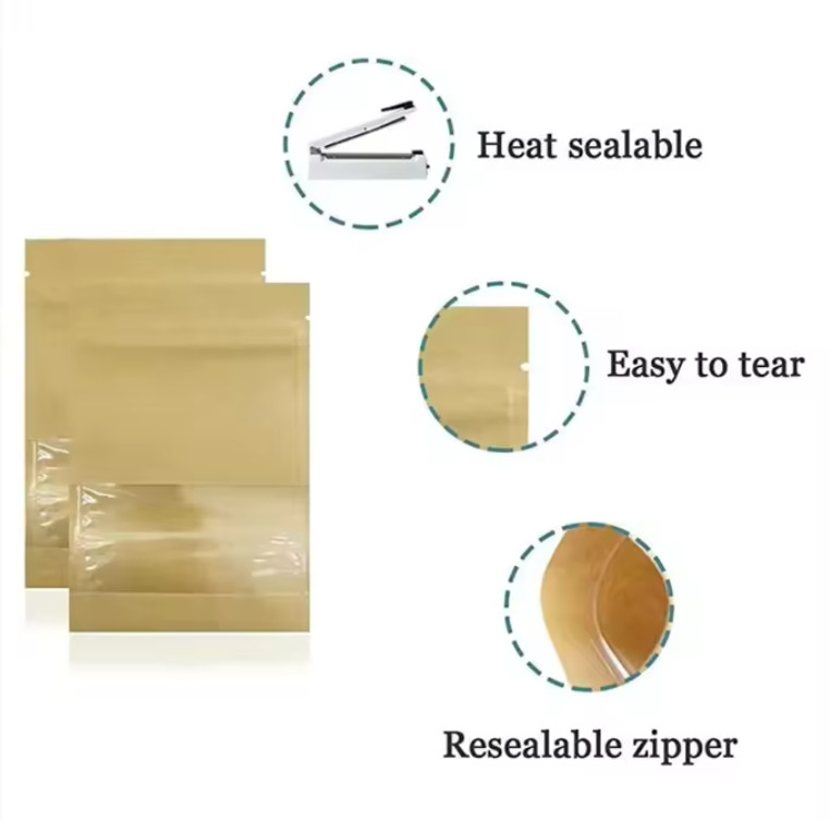 Small Resealable Three Side Seal White Brown Kraft Paper Bags Zipper Pouches With Clear Window