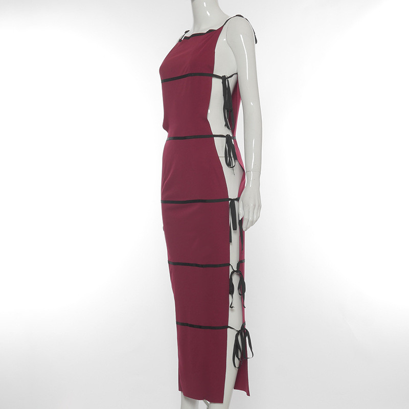 Women's Stitching Lace Up One Piece Dress Long Party Wear