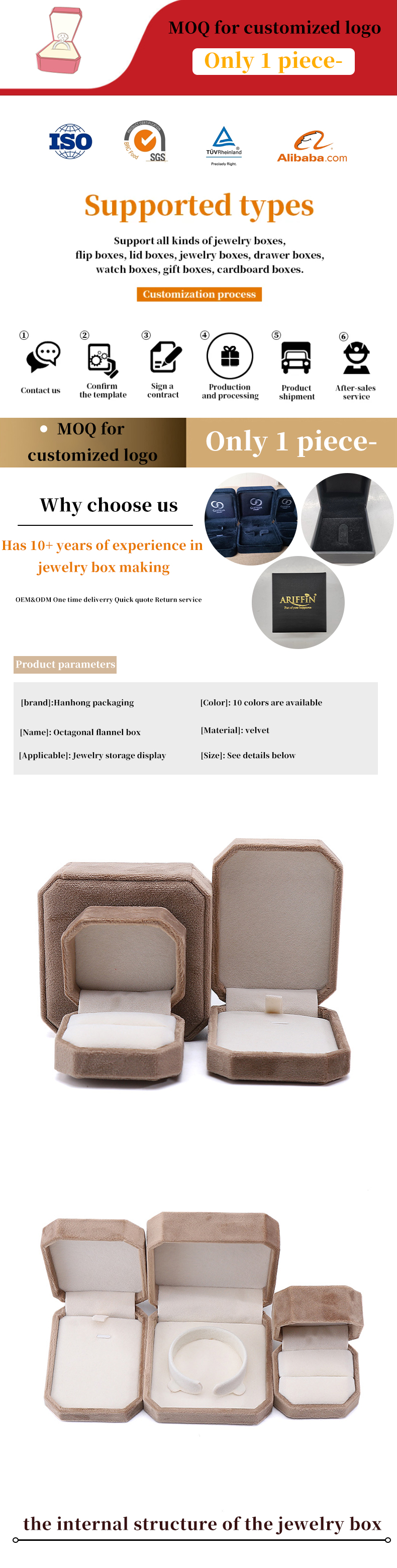 Custom Octagonal Shape Khaki Flannelette Jewelry Package for Necklace Bracelet Ring