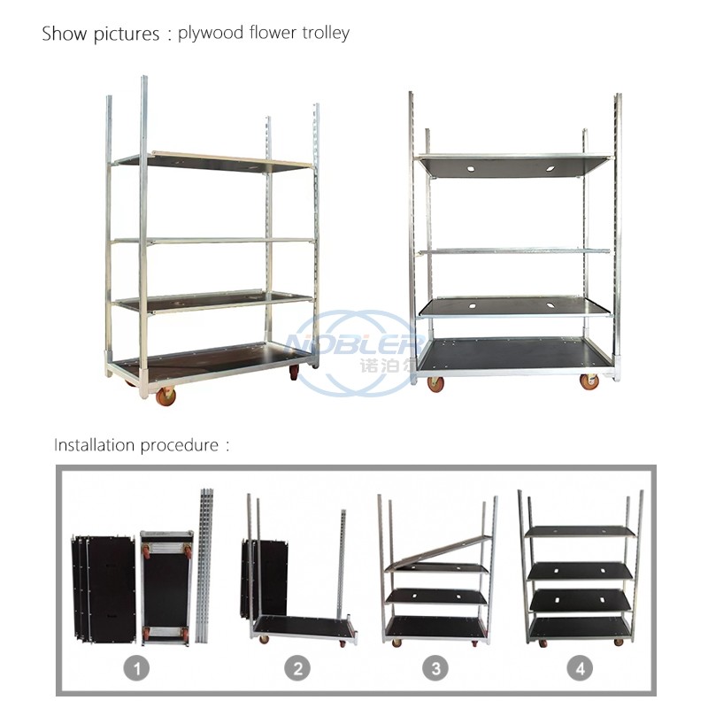 Danish Plywood Flower Trolley Rack Cart Cc Container Floor Height Adjusted