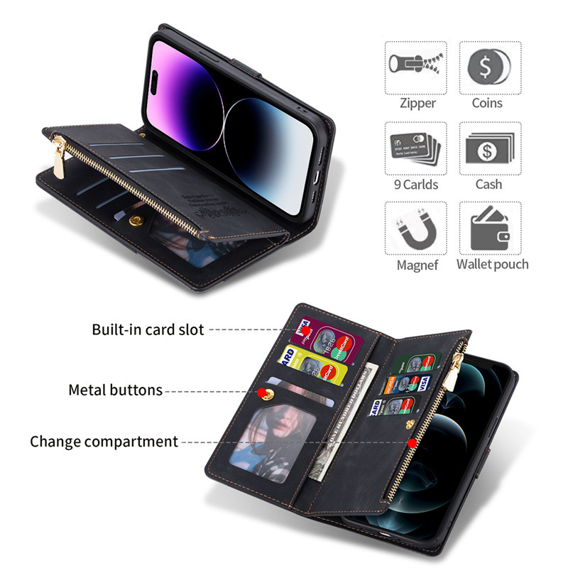 Back Cover For Iphone 15 Pro With Hanging Rope 15 Ultra Luxury Wallet Case Card Magnetic Holder TPU Leather Phone Case