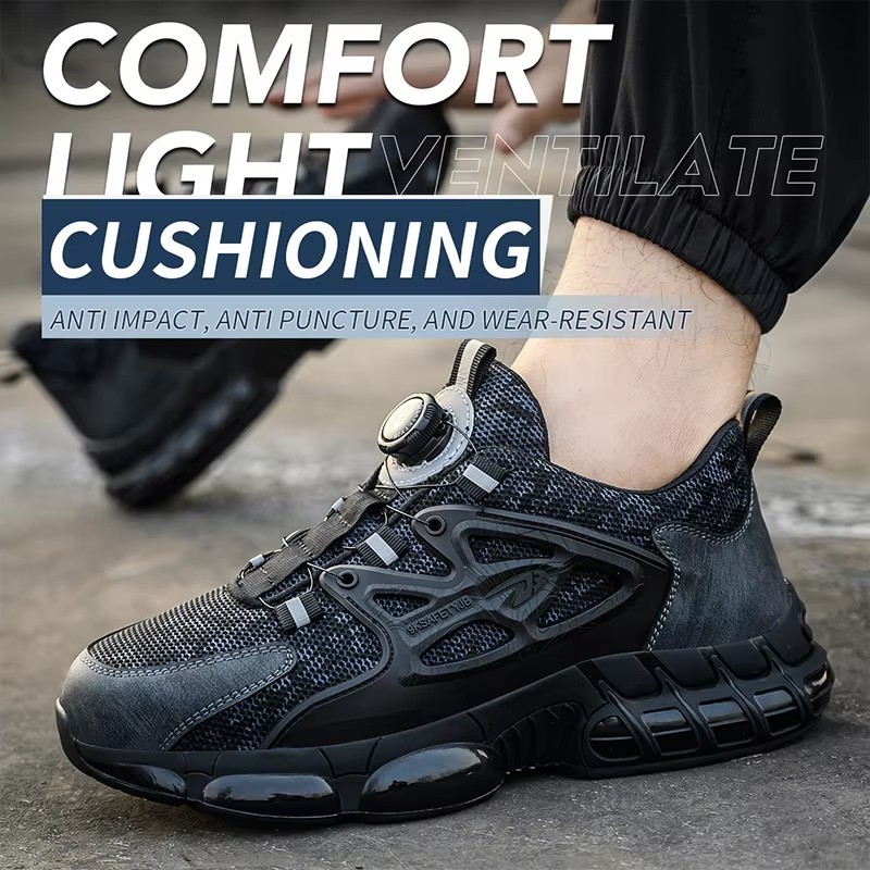 Black Microfiber Safety Industrial Button Men's Work Shoes