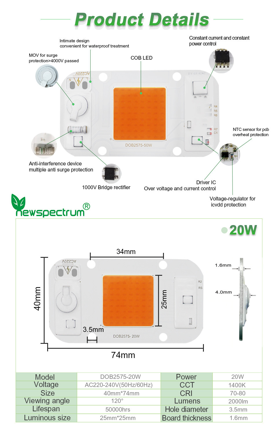 5000k Driverless LED COB Chip Size 25mm AC 110V LED Street Module