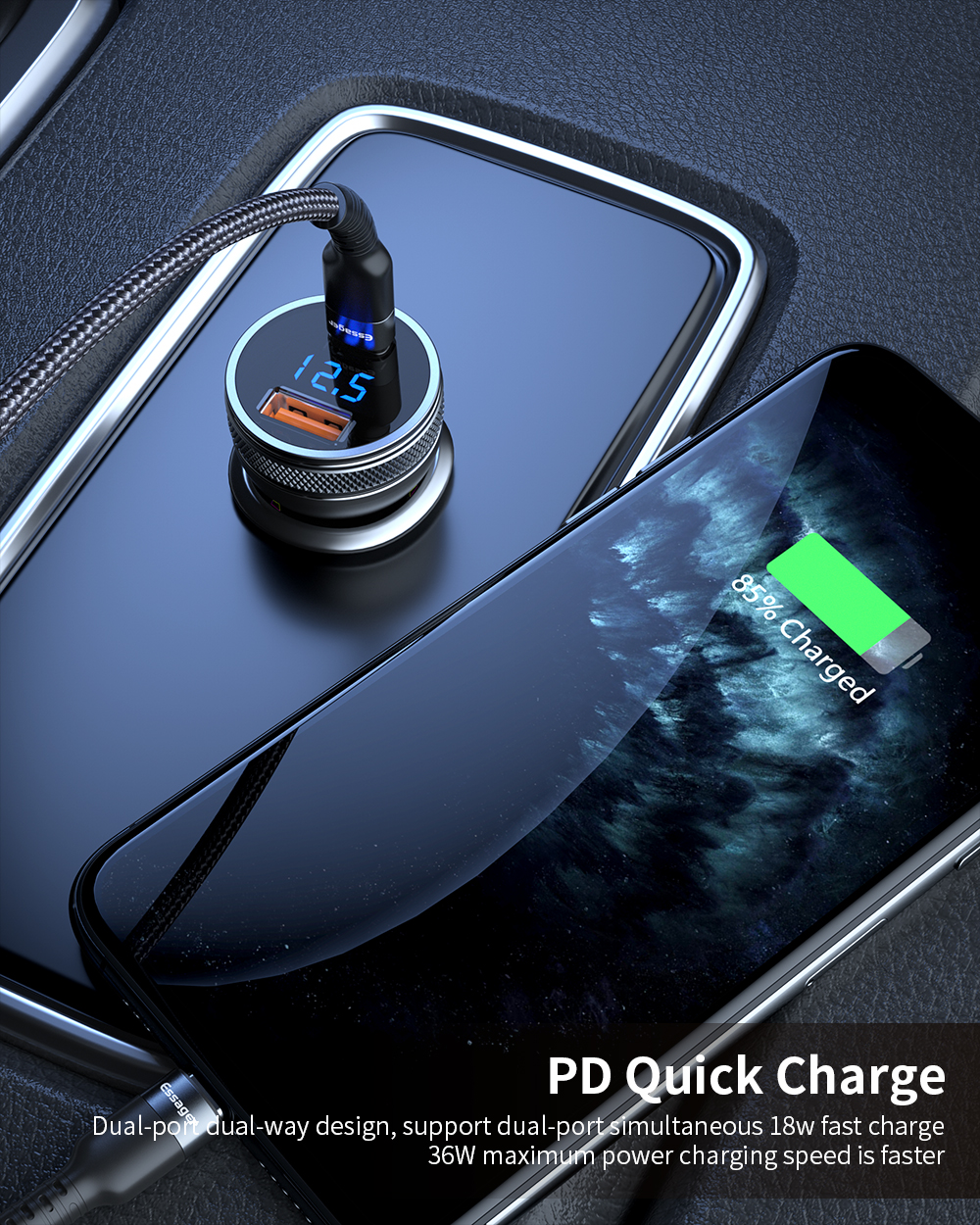 LCD Display USB C PD Car Phone Charger PD QC3.0 Quick Charge 36W