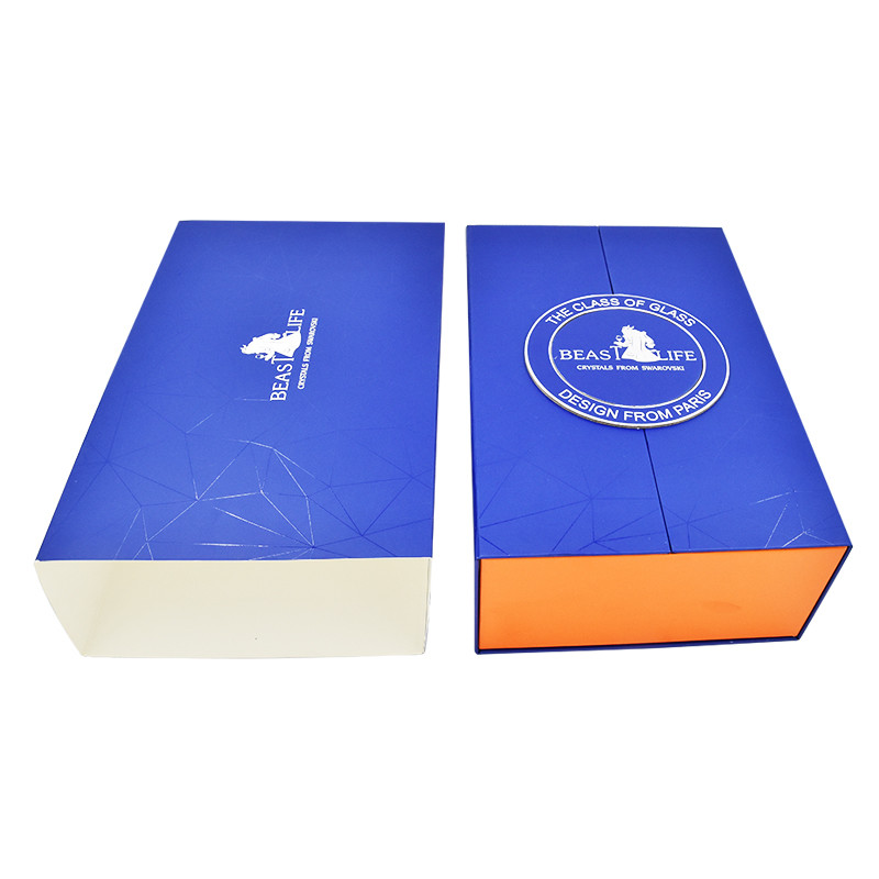 Blue Folding Magnet Two Wine Bottle Gift Box With Insert One Piece Structure