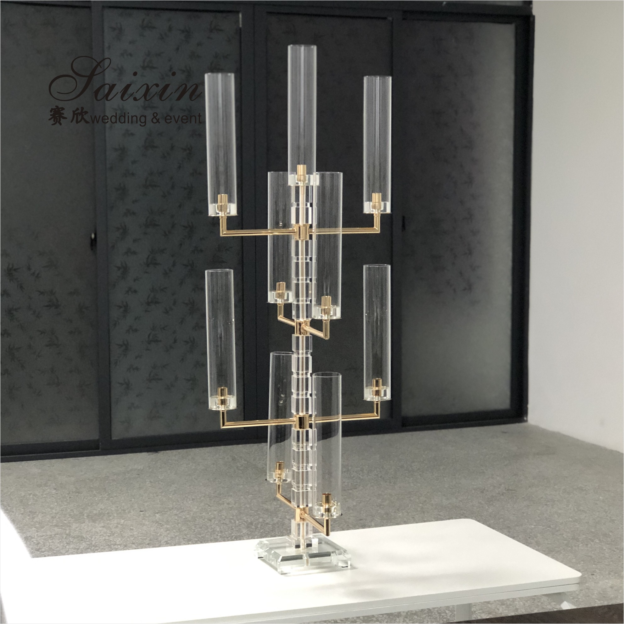 Elegant Trendy 9 Arm Crystal Candelabra for Interior Decor custom tall tube black Silver