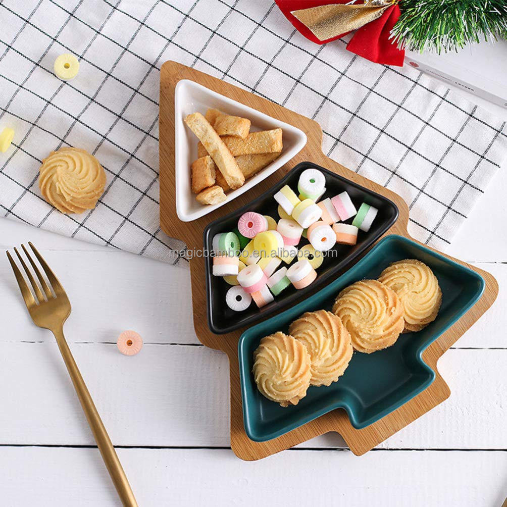 Festive Bamboo Table Tray with Three Removable Ceramic Dishes and Christmas Tree Shape