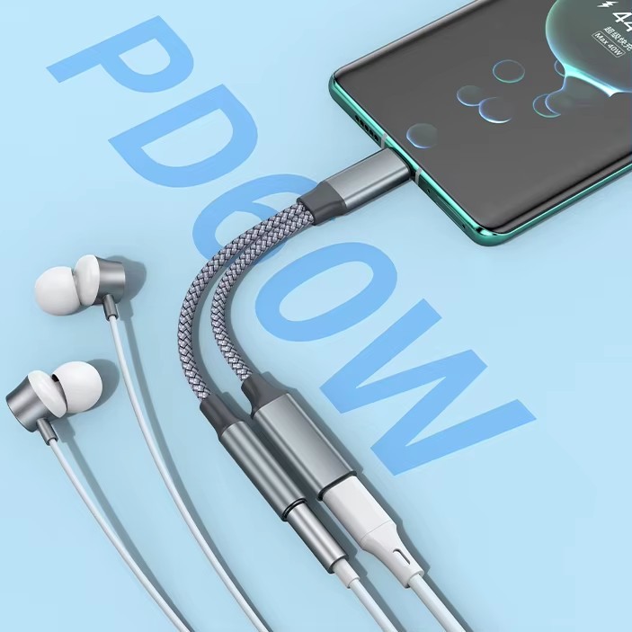 USB C To 3.5mm Headphone And Charger Adapter 2 In 1 Type C To Aux Jack Cable PD 60W for Samsung Galaxy