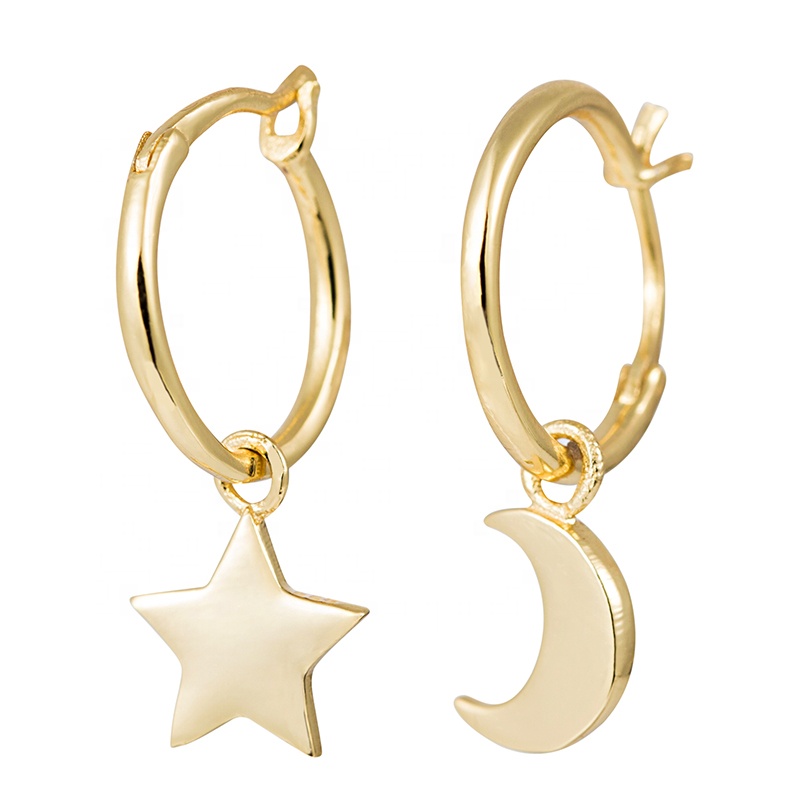 Trendy 925 Sterling Silver Earrings with Asymmetric Gold Plated Star and Moon for Ladies