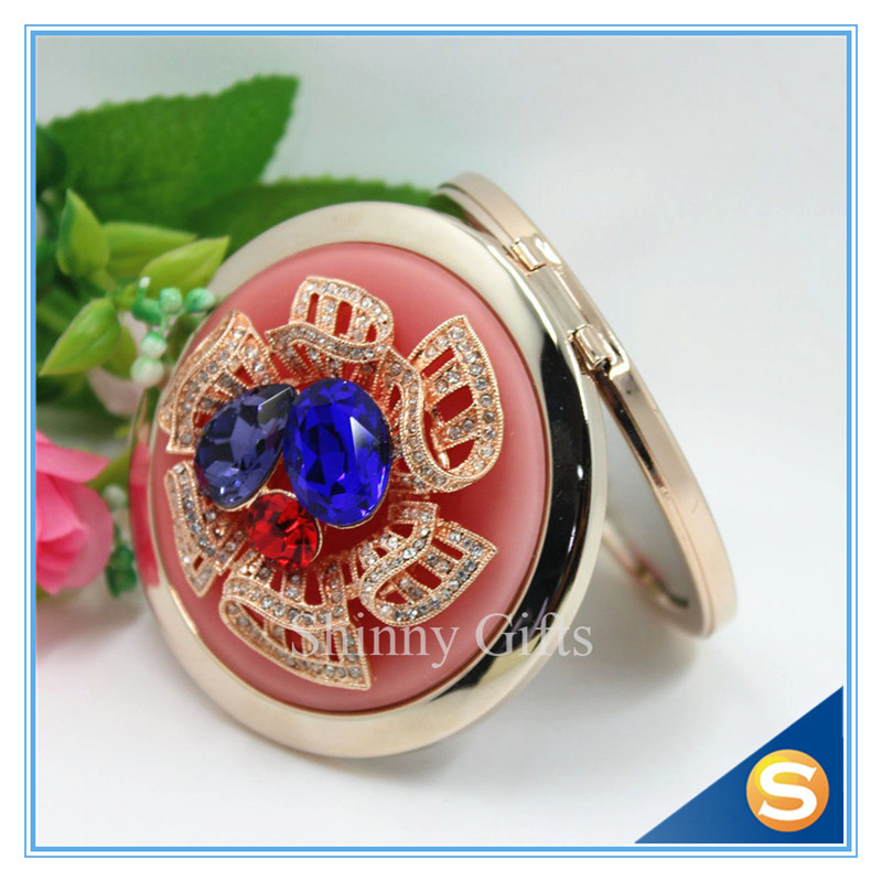 Shinny Gifts Luxury Crystal Cosmetic mirror Round Shape Metal Pocket Mirror