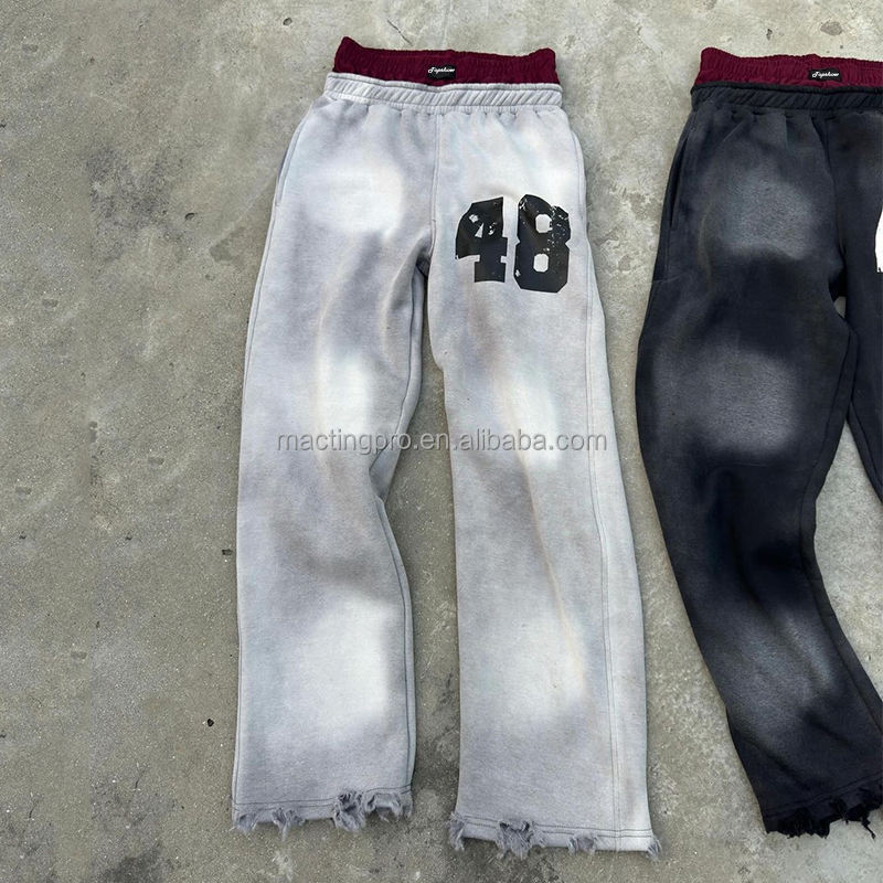 Customized Man Streetwear Distressed Acid Wash Flared Sweat Pants Men Baggy Double Waisted Sweatpants