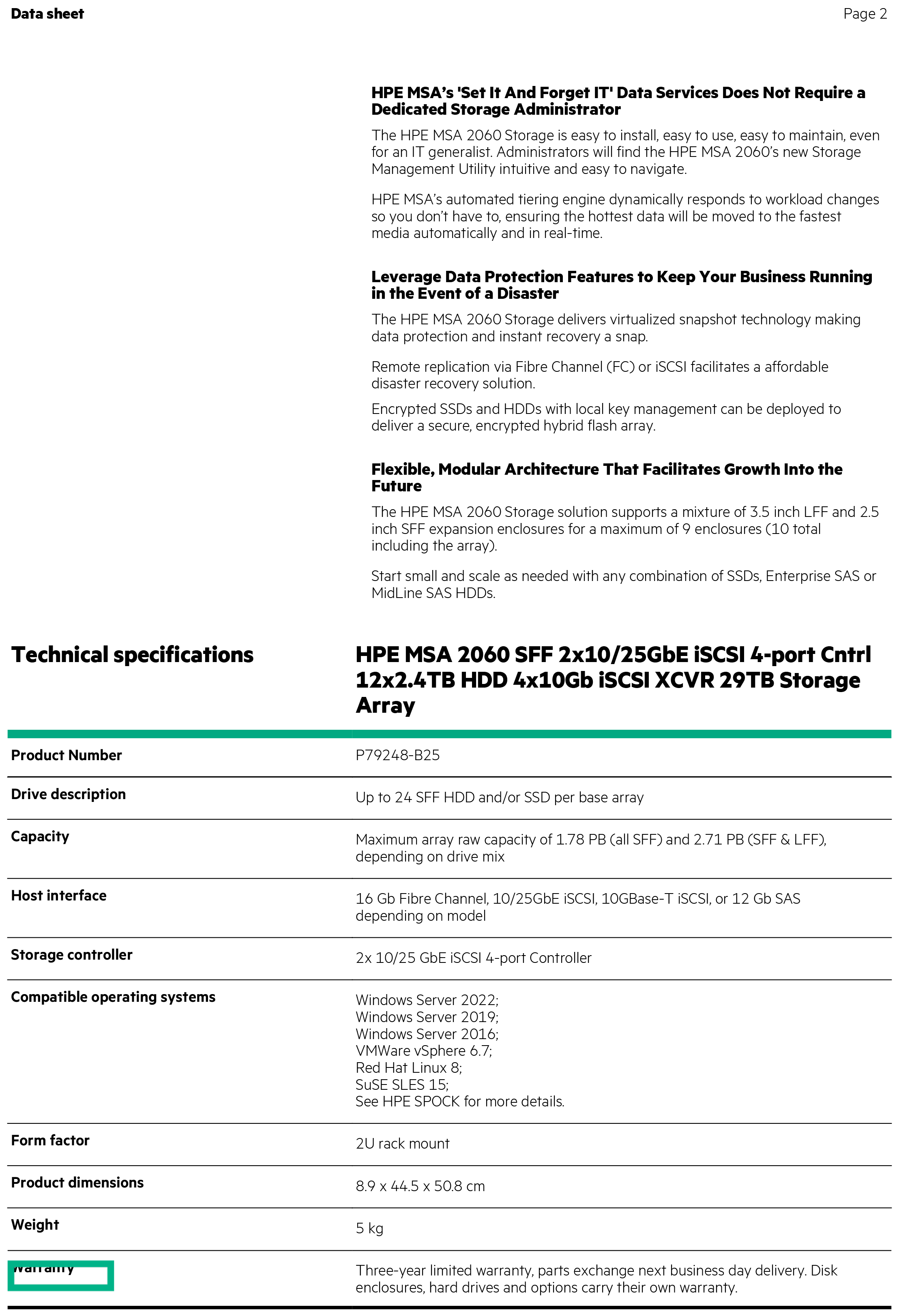 HPE MSA 2060 SFF 10/25GbE iSCSI SAN Storage Dual Controller
