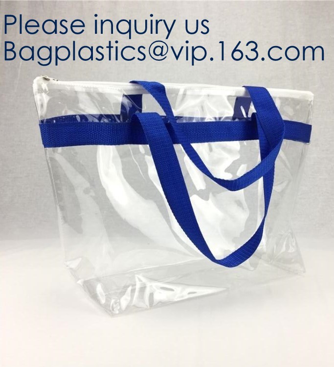Waterproof All Over Printing PVC Coating Tote Shoulder Fabric Shopping Bag With Gusset And Lining,Jelly Clear Plastic PV