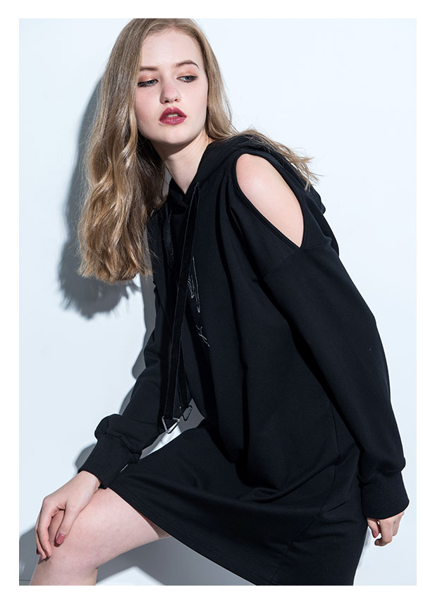 Clothing Fashion Women Cold Shoulder Hoodie Dress