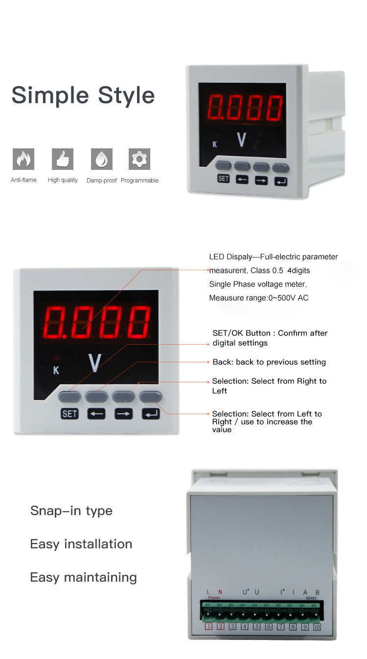 Flush Mounted Digital One Phase AC Voltmeter Electronic Voltage Meter