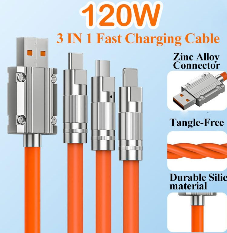Super Fast Charging 120w 6A Liquid Silicone 3 in 1 Multi Connectors Micro Type C USB Data Charger Cable for Mobile Phone