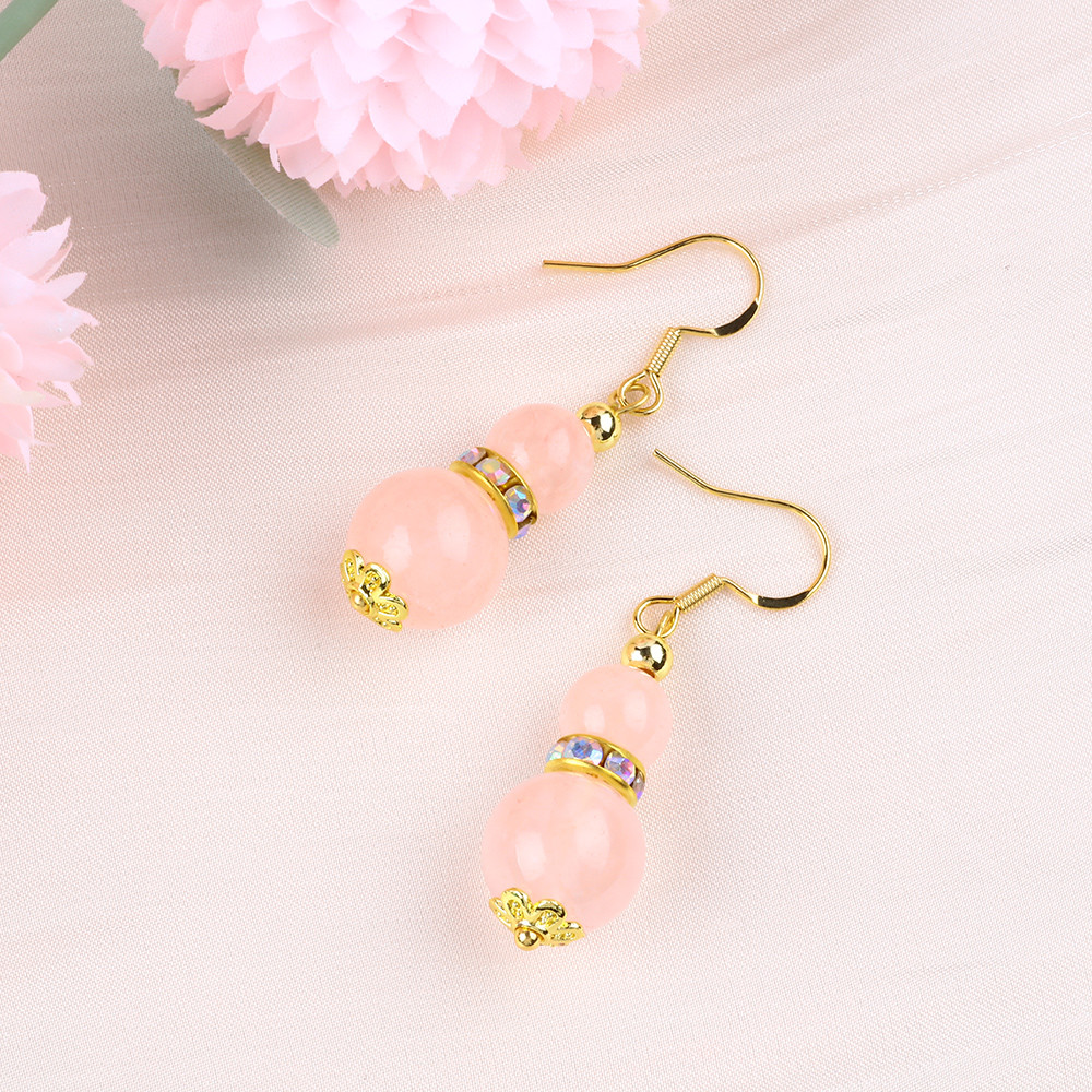 Healing Energy Pink Rose Quartz Crystal Short Dangle Round Shape Bead Hook Earring For Daily Wear