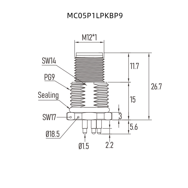 16DC Power Male Panel M12 T Connector Front Side Fastening With PCB Contacts PG9