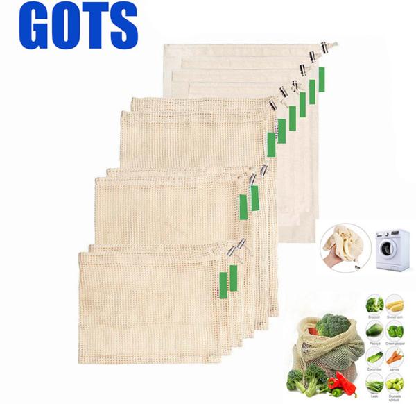RPET Organic Cotton Reusable Produce Mesh Bag GOTS Eco Friendly Net Shopping