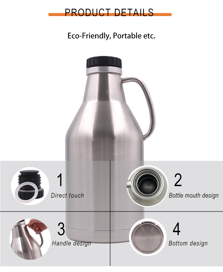 Stainless Steel Vacuum Insulated Growlers , Black 2L Screw Top Growler Double Wall
