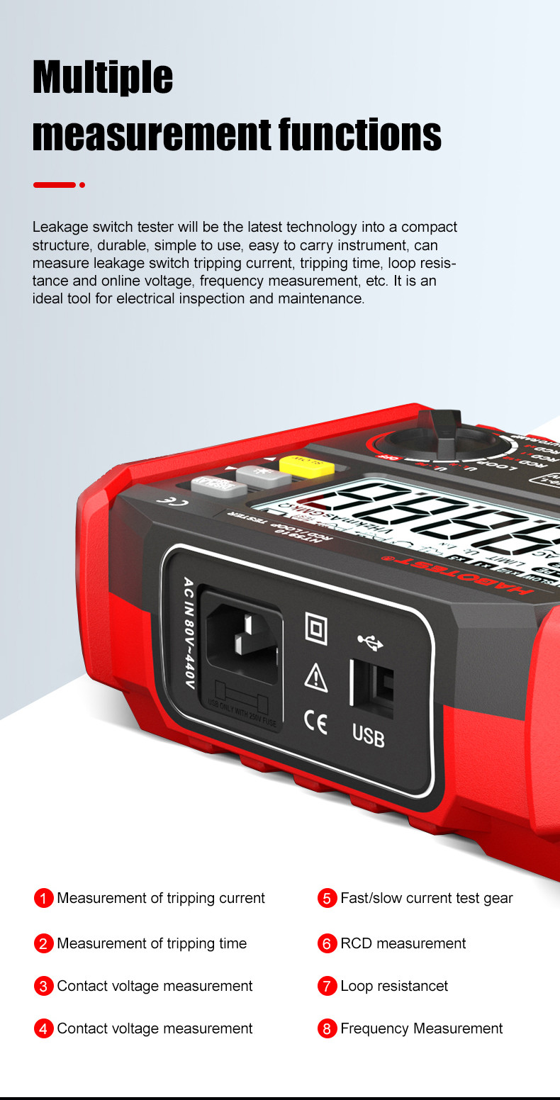 HT5910 Leakage Switch Tester LCD Digital Resistance Meter RCD/Loop Tester 1000 Data Storage Voltmeter Megohmmeter