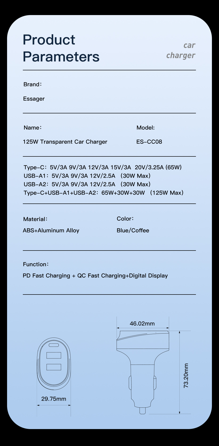 Essager 2022 Transparent Official Store Digital Display 125W Fast Car Charging 2 USB 1 Type C Port Car Charger
