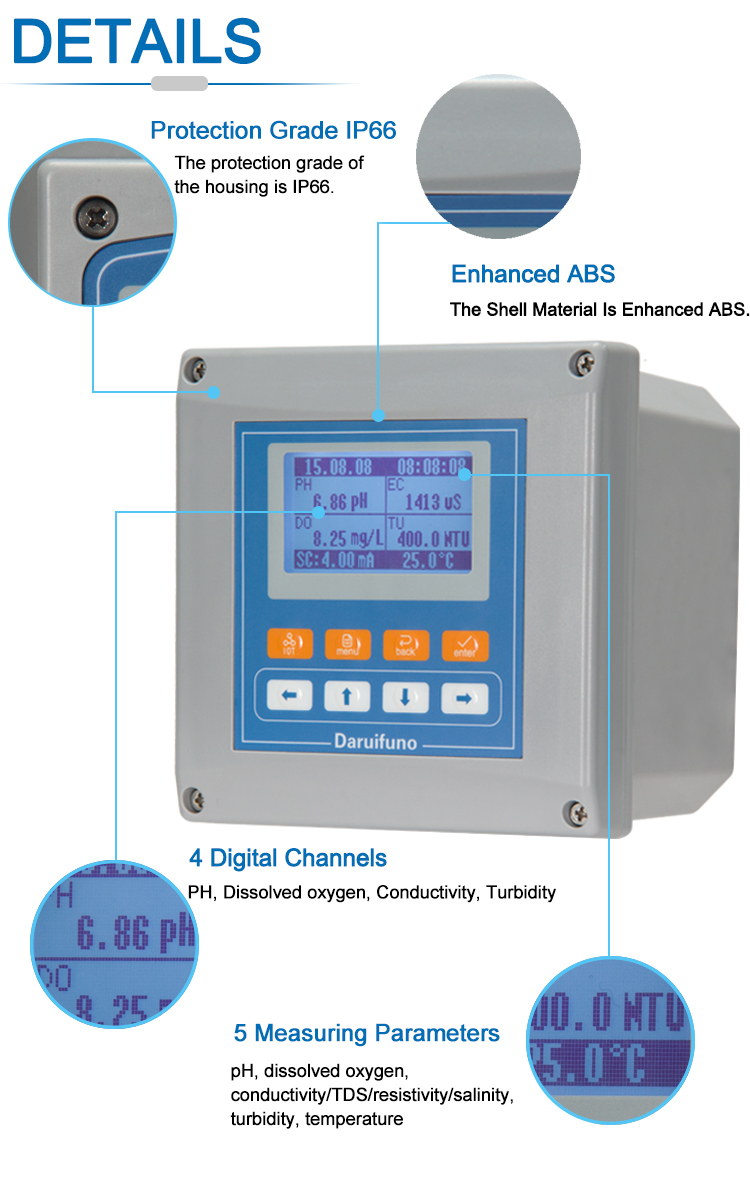 Water Quality Digital Multi Parameter Controller For PH, Temp, EC, DO, TU