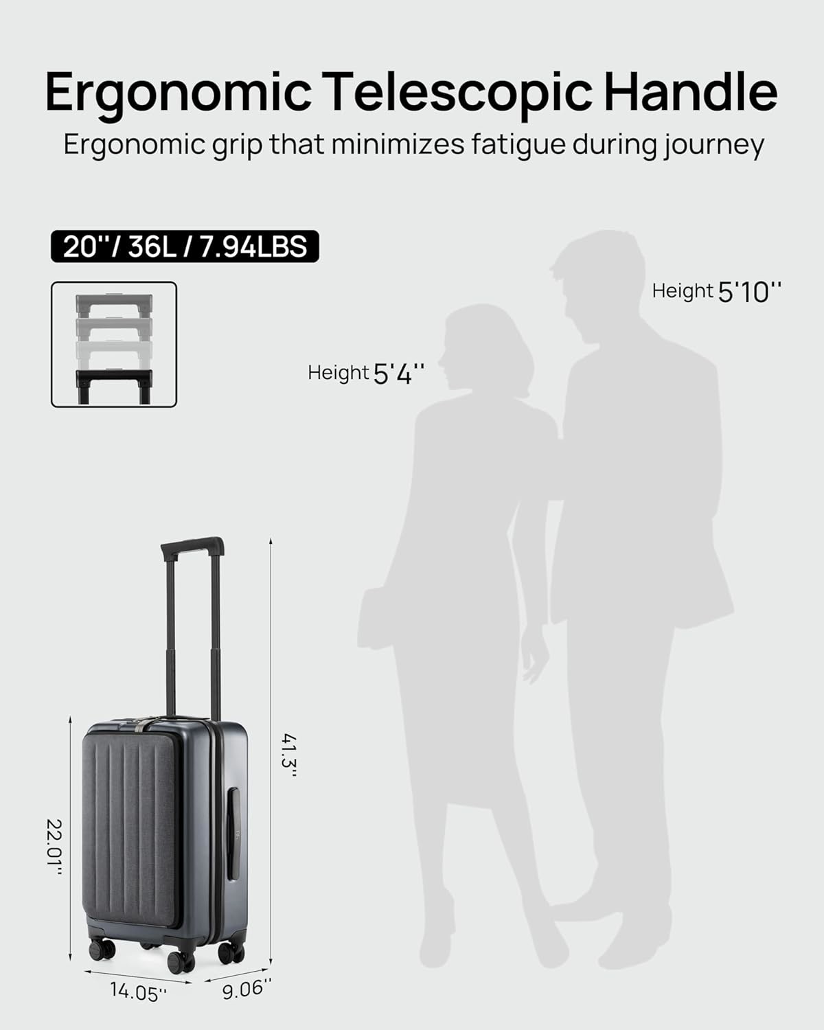 Luggage 22 X 14 X 9 Airline Approved, 20 Inch Luggage with Front Laptop Compartment, Double Spinner Wheels, Hardsided PC