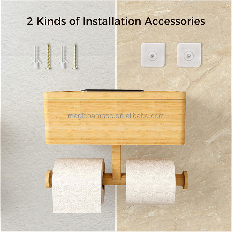 3 In 1 Bamboo Bathroom Storage Rack Wall Mount Toilet Paper Holder OEM