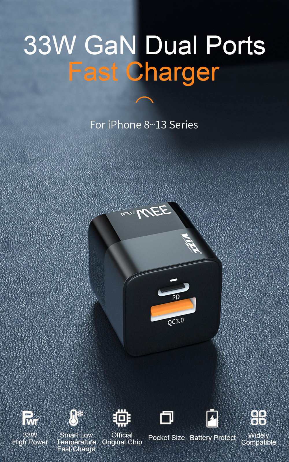 Fireproof PC 33W GaN Charger Dual Ports Fast Charger For Mobile Phone
