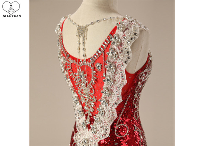 Ladies Long Tail Gown Sleeveless Shiny Sequin Fabric Lace Beaded Red Carpet Wear