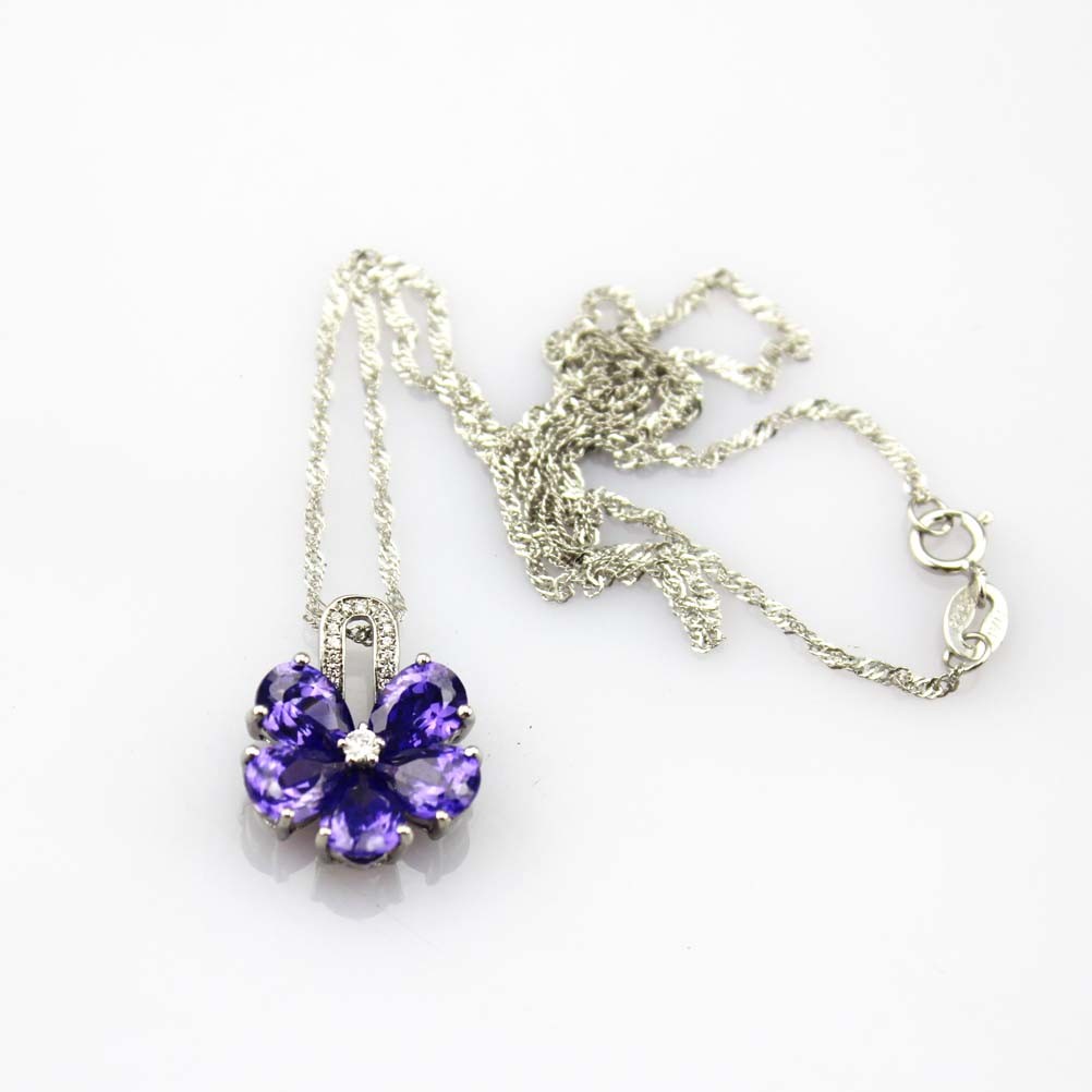 Women Jewelry Purple Cubic Zircon Flower Pendant Necklace (PSJ0223)