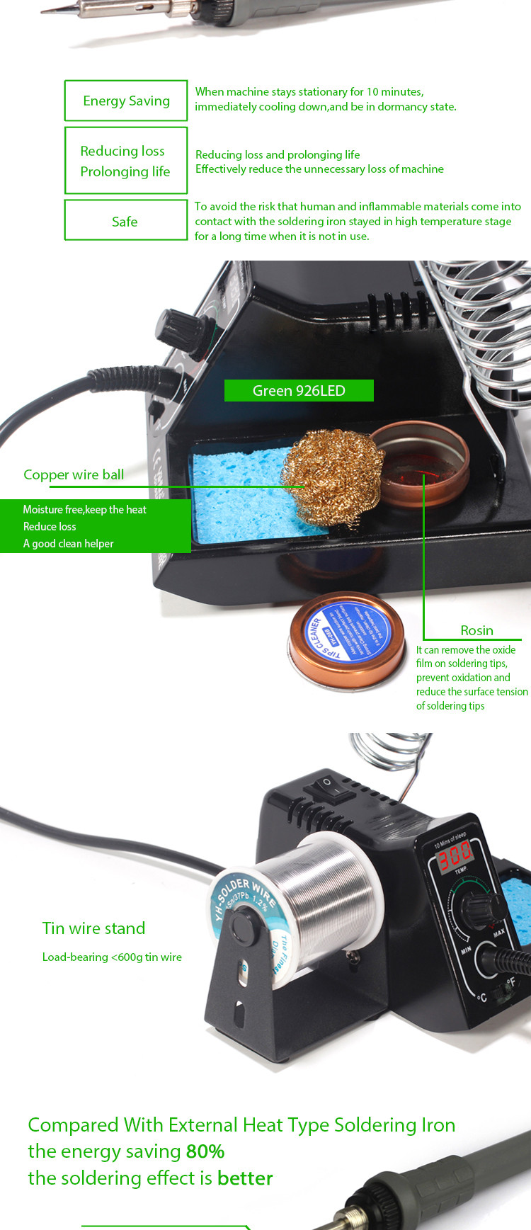 High Power Anti Static Adjustable Temperature Soldering Station Green 926LED 60W