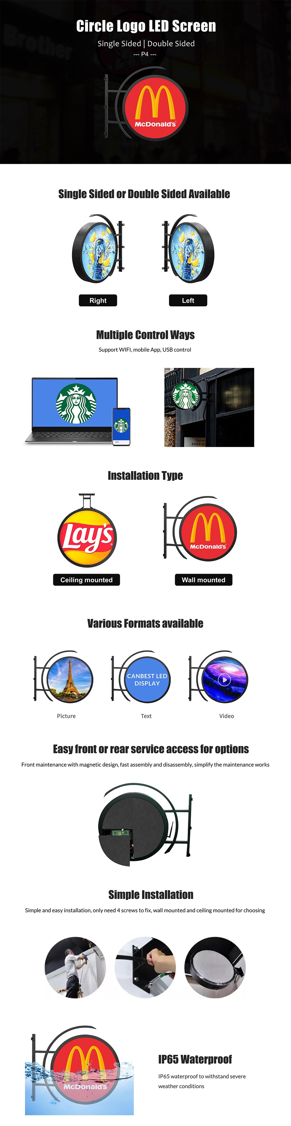 Circle Shape Led Screen Panels Outdoor P4.68mm IP65 Round Remote Control Door