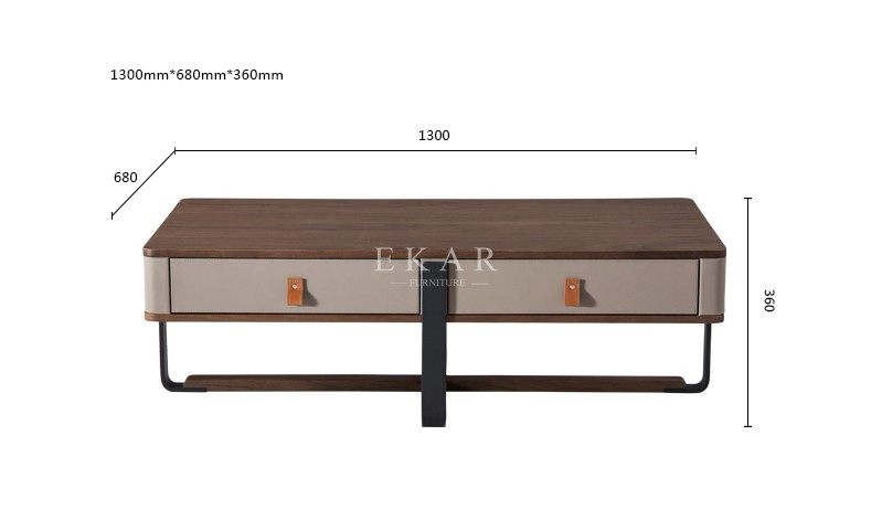 2 Drawer Wooden With Leather Rectangle Metal Frame Modern Coffee Table