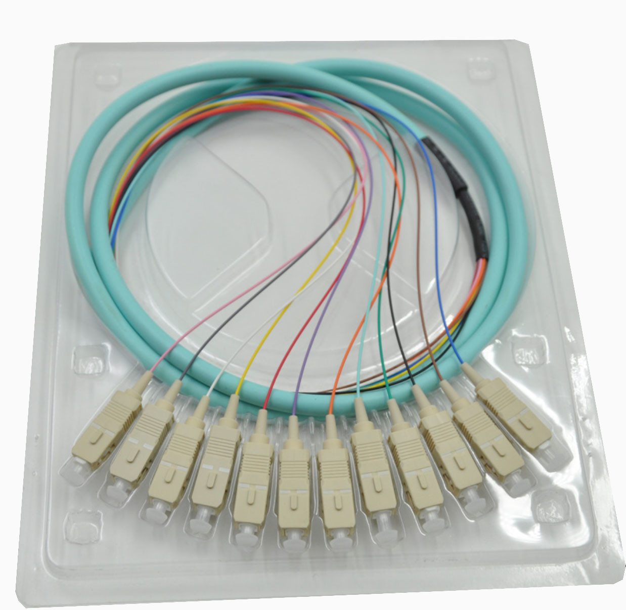 SC OM3 Fiber Pigtails / Optical Patch Cords Fanout 0.9mm 2m 3m 5m Aqua LSZH PVC
