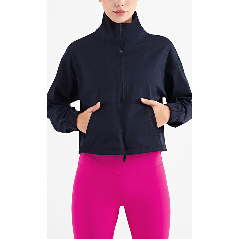 High Neck Nylon Leisure Ladies Yoga Tops Thicken Semi Zipper For Women
