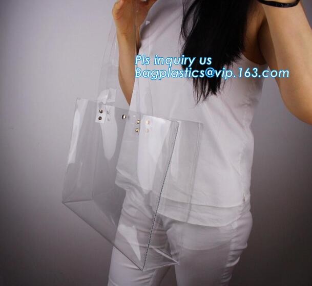 patch handle pe die cut large clear plastic bags with your own logo, pvc tote bag with leather handles tote bag PVC hand